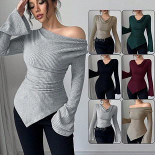 Off Shoulder Blouse - بلوزة نسائية بأكمام طويلة بلون واحد،