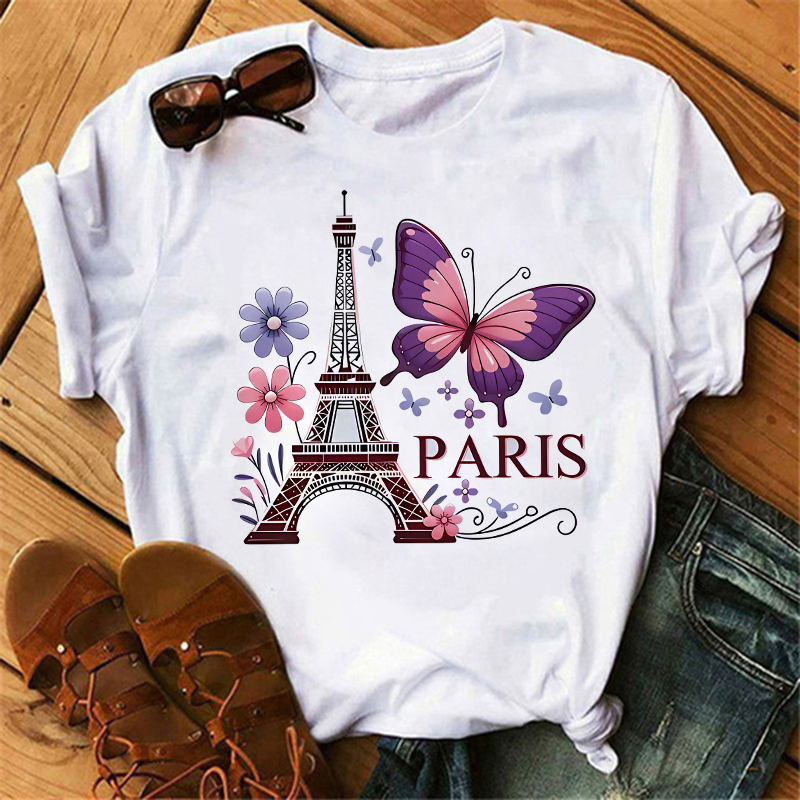 Summer Clothing In Paris - تي شيرت بتصميم زهور وفراشات باريسية