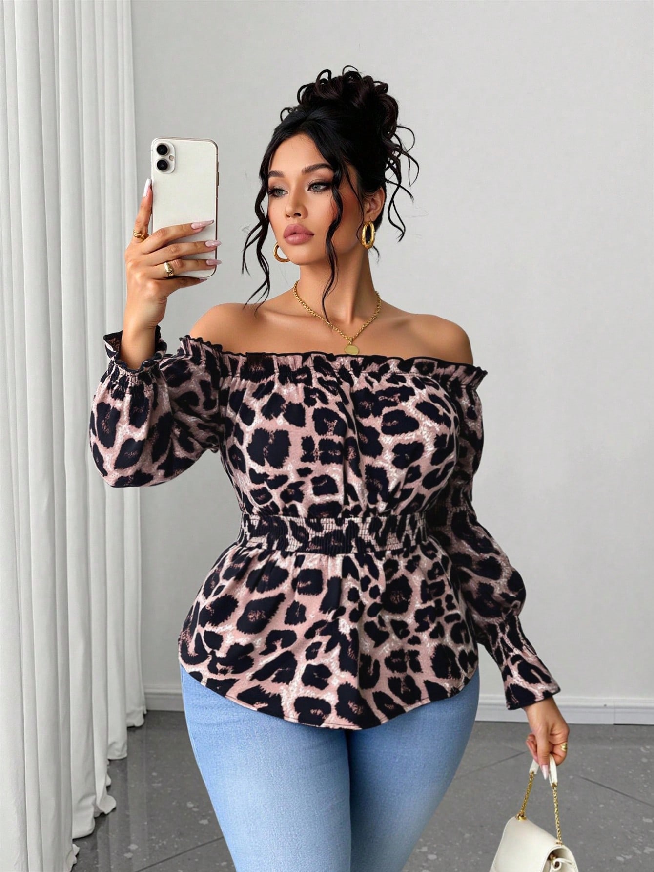 Off Shoulder Blouse - بلوزة نسائية بمقاسات كبيرة بطبعة الفهد،