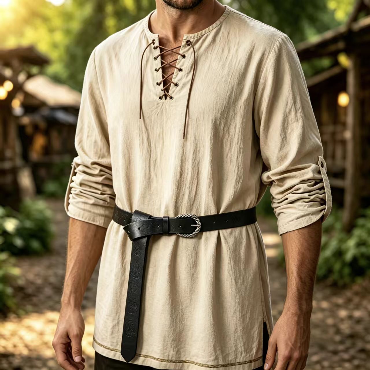 Summer Viking Clothing - قميص رجالي طويل الأكمام من الكتان