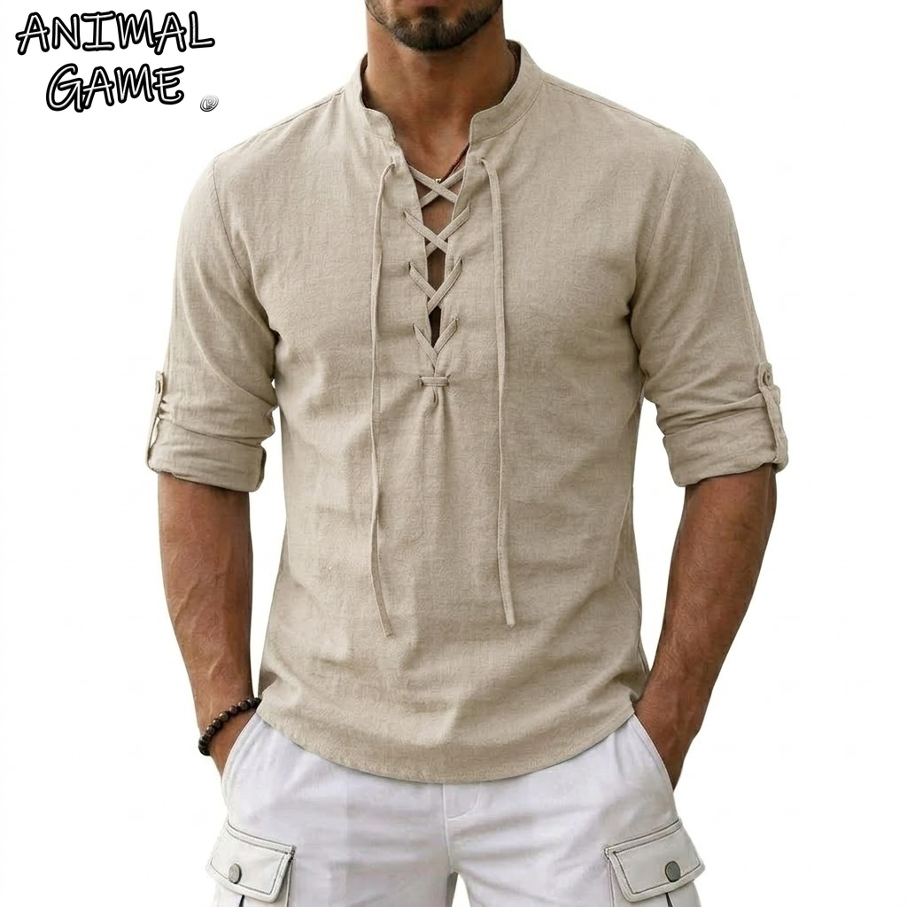 Summer Viking Clothing - قمصان رجالية طويلة الأكمام من الكتان