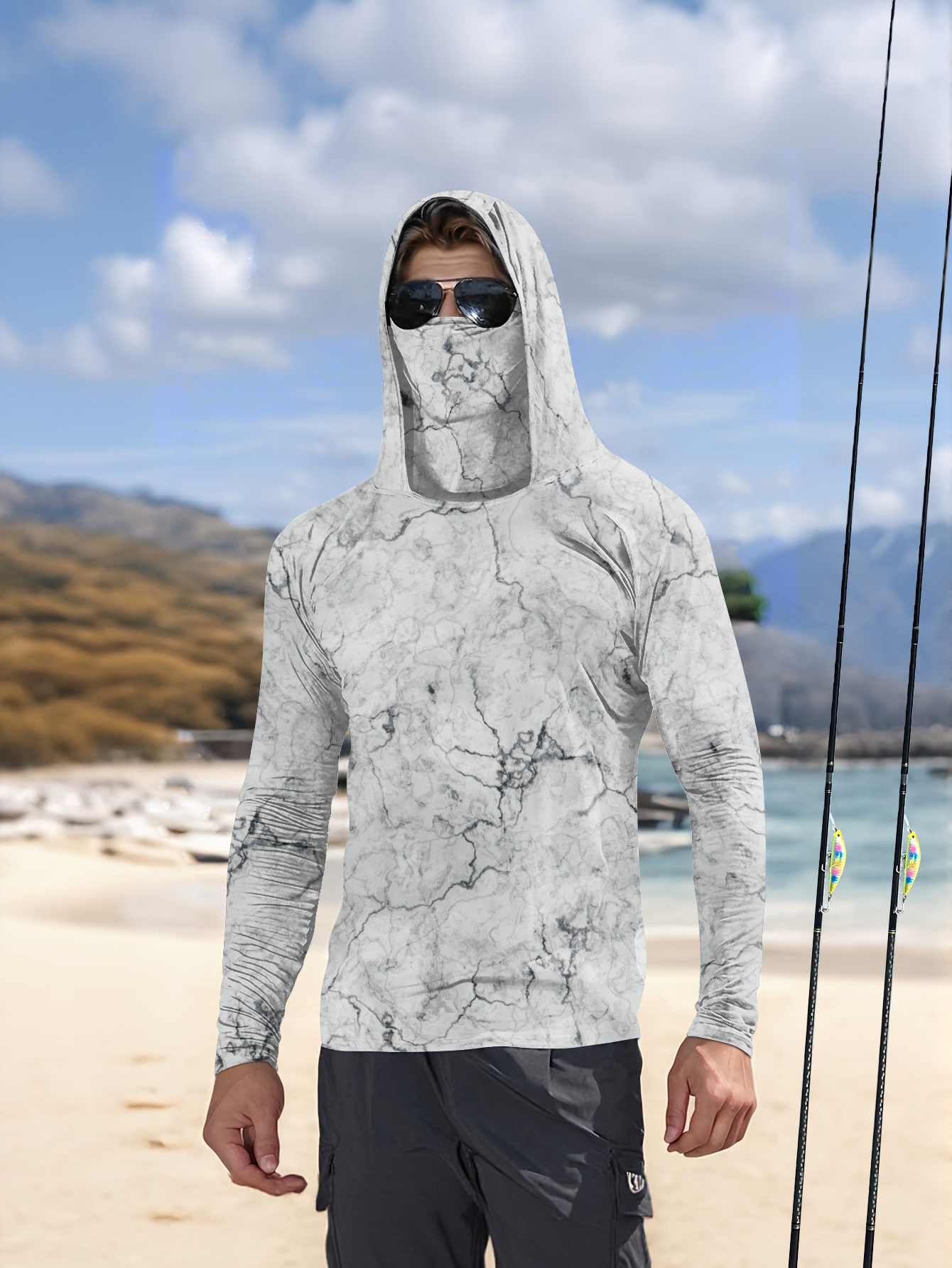 Summer Clothing Long Sleeve - قميص صيد رجالي بغطاء للرأس بأكمام